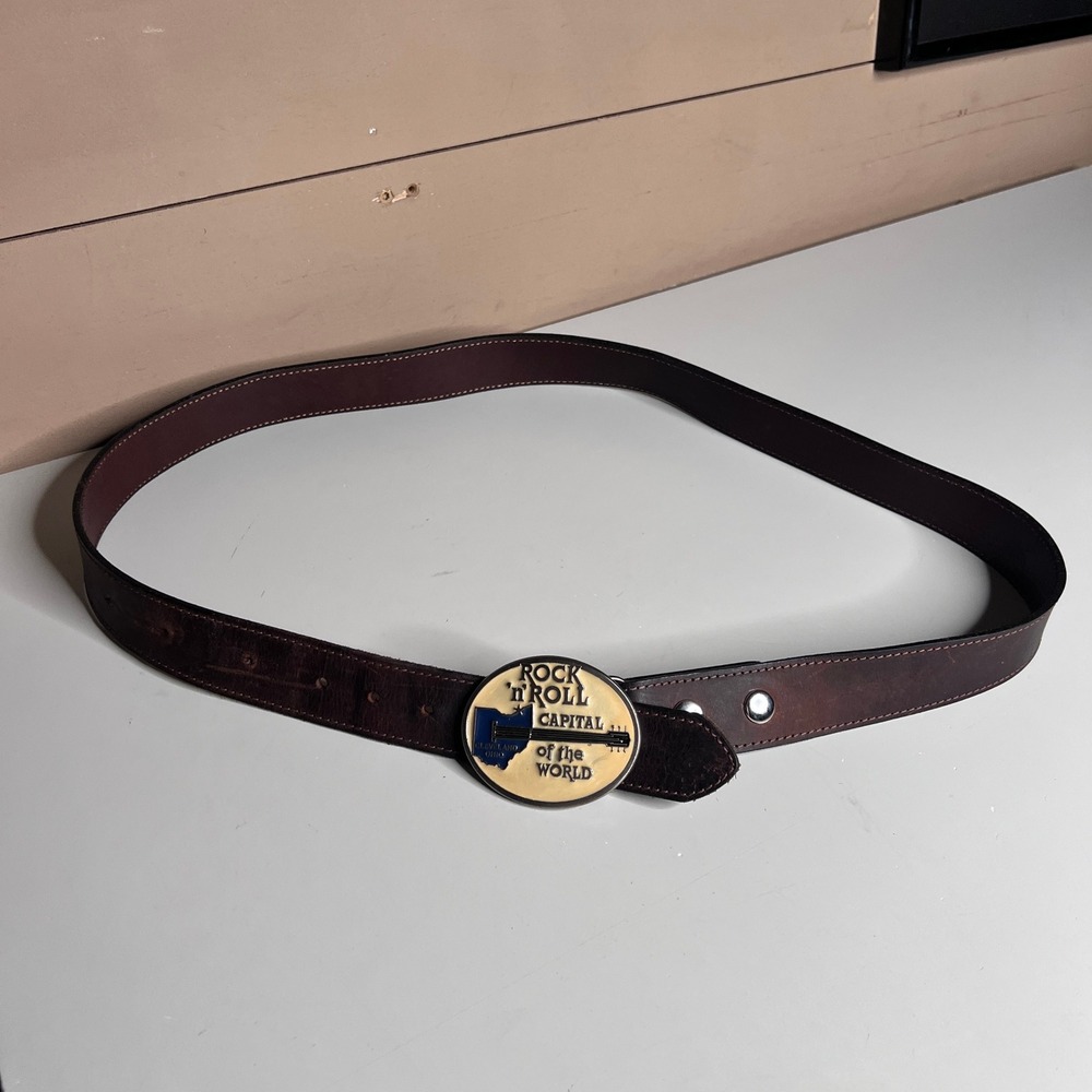 Kentucky Leather Works Brown Belt Rock n Roll Capital of the World‎ Buckle 44